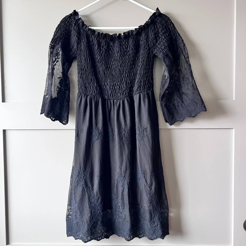 Mahina Black Smocked Lace Bell Sleeve Mini Dress Women Small Gothic Witchy Fairy
